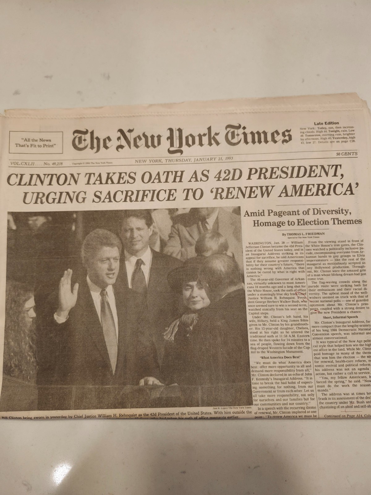 1993 JANUARY 21 NEW YORK TIMES – CLINTON TAKES OATH AS 42ND PRESIDENT –