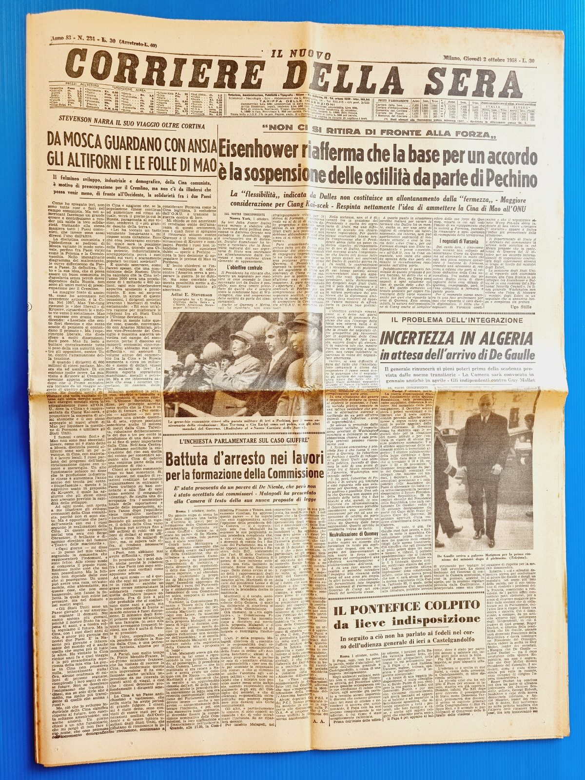 CORRIERE DELLA SERA 2 OTTOBRE 1958 ALGERIA-DE GAULLE-EISENHOWER- MAO TSE-TUNG