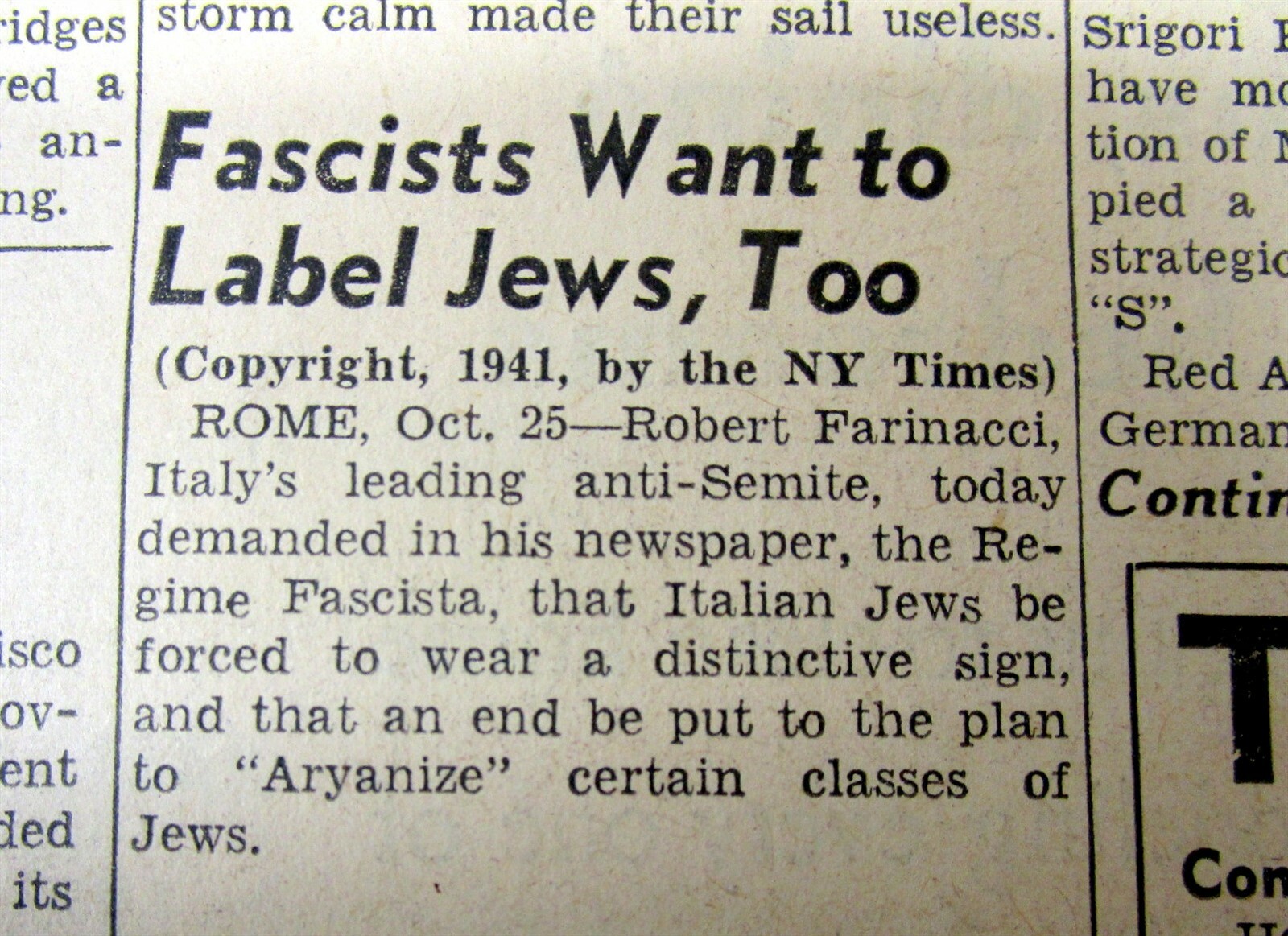 1941 WW II newspaper YELLOW STAR worn by JEWS during THE HOLOCAUST Fascist ITALY