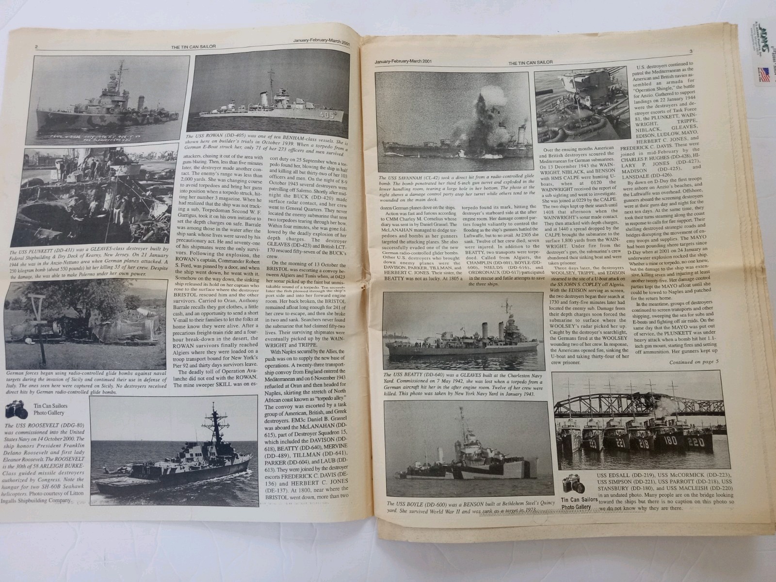 The TIN CAN SAILOR Newspaper 2001 Vol 25 #1 DESTROYER OPERATIONS AGAINST ITALY