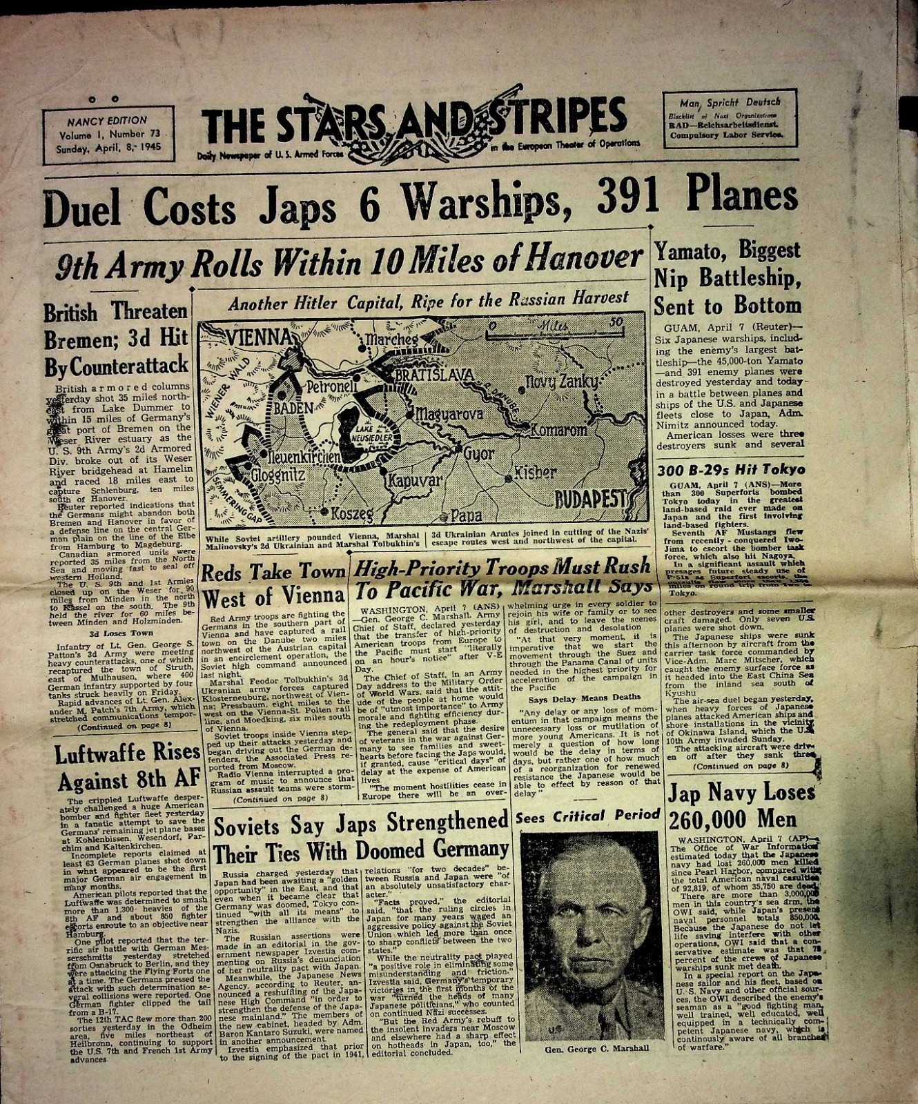 The Stars And Stripes April 8 1945 Gen George C Marshall Viena 020226CPNON-93