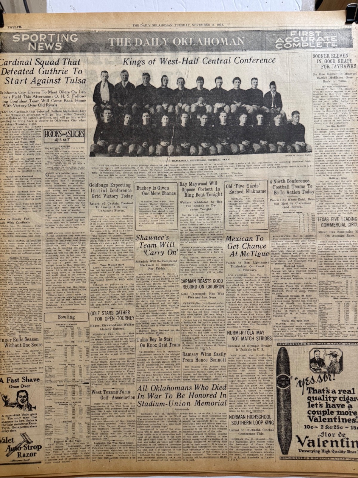 1924 BLACKWELL HIGHSCHOOL, OKLA. FOOTBALL TEAM NEWSPAPER PHOTO FREE SHIPPING