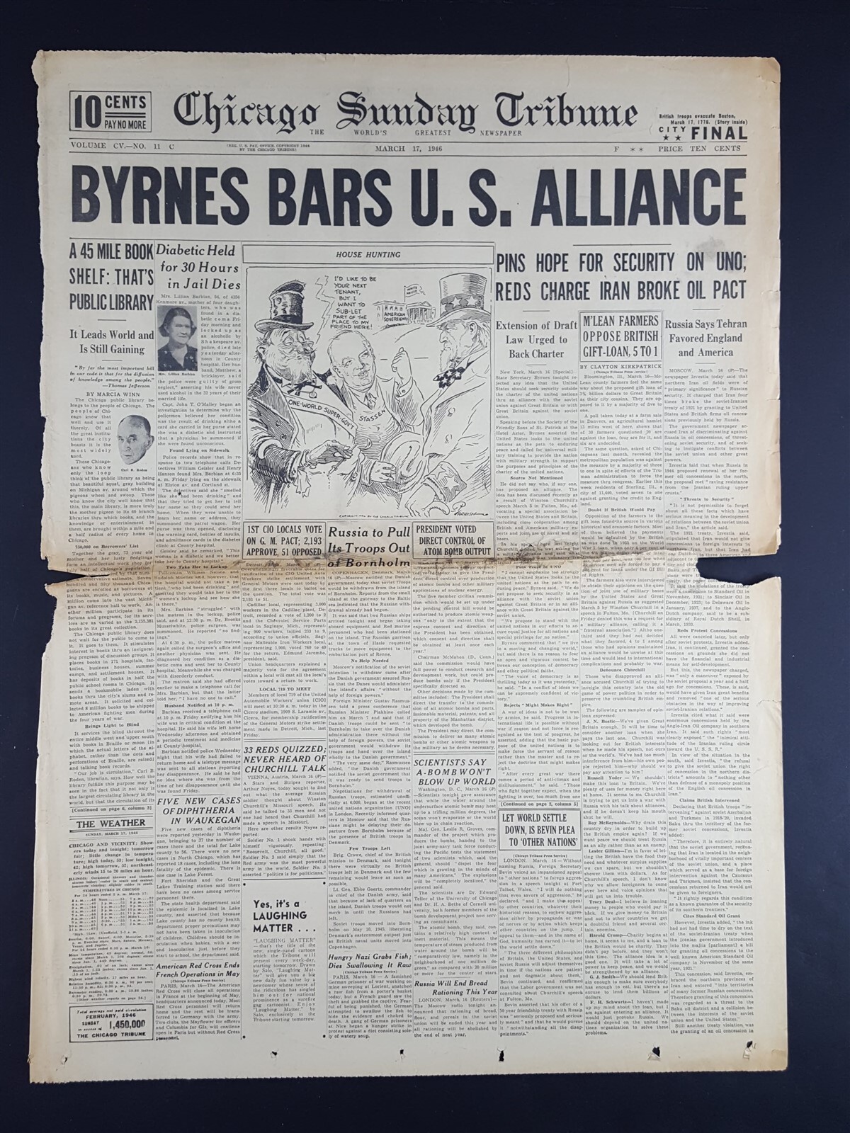 Byrnes Bars US Alliance 1946 Old Newspaper Chicago Tribune Mar 17