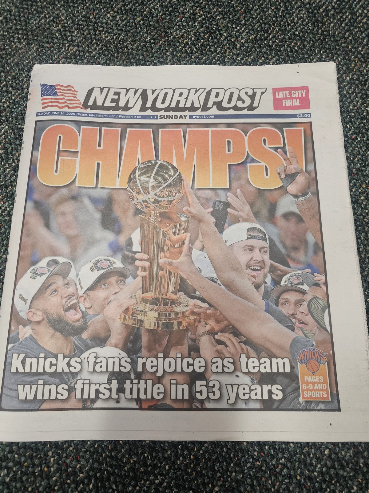 NY KNICKS WIN NBA FINALS! “CHAMPS”! NY POST NEWSPAPER 6/14/26 JALEN BRUNSON MVP!