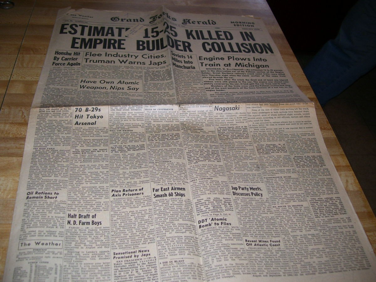 Grand Forks ND Herald August 10 1945, People Killed in Empire Train Collision