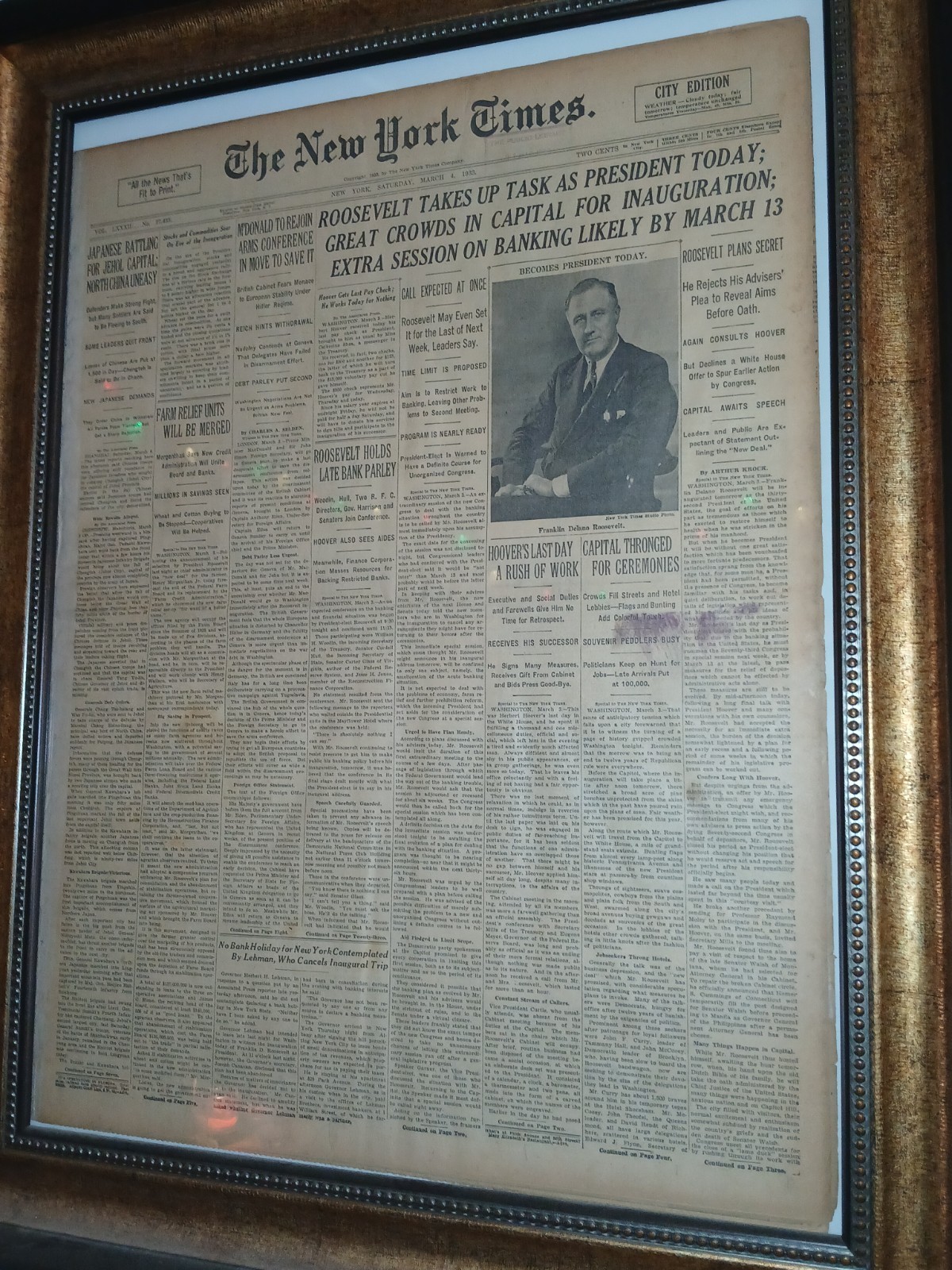 New York Times March 4, 1933 Roosevelt Inauguration With COA Frame Not Incl.