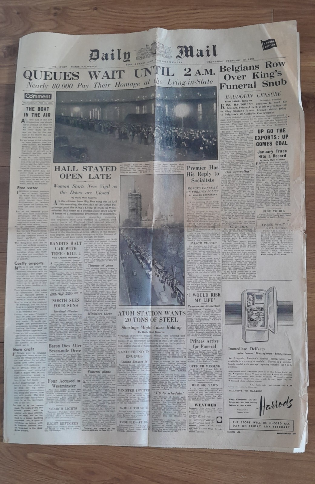 Old newspaper Daily Mail dated 13th February 1952