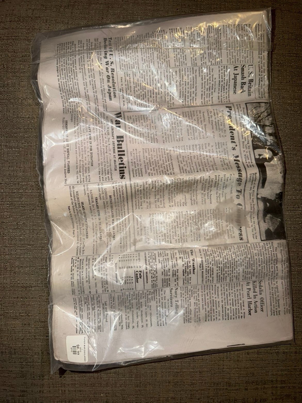 St. Louis Star-Times Extra Newspaper “War Declared” Monday Dec 8, 1941