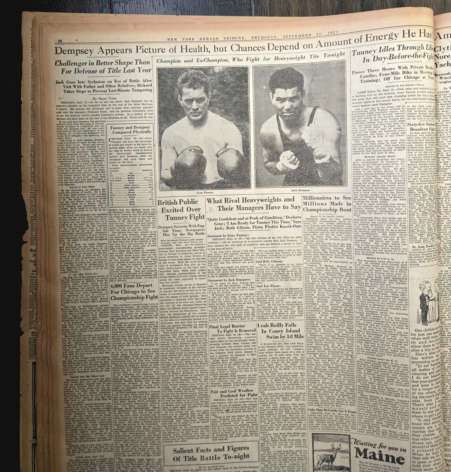 Sept 22, 1927 N.Y Herald Tribune Newspaper: TUNNEY vs DEMPSEY, BABE RUTH 55th
