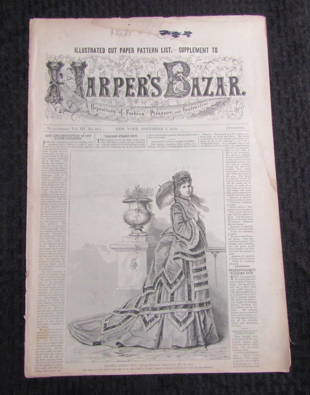 1870 Dec 3 HARPER’S BAZAR NY Fashion Newspaper v.III #49 GD+ 2.5 Illustrated