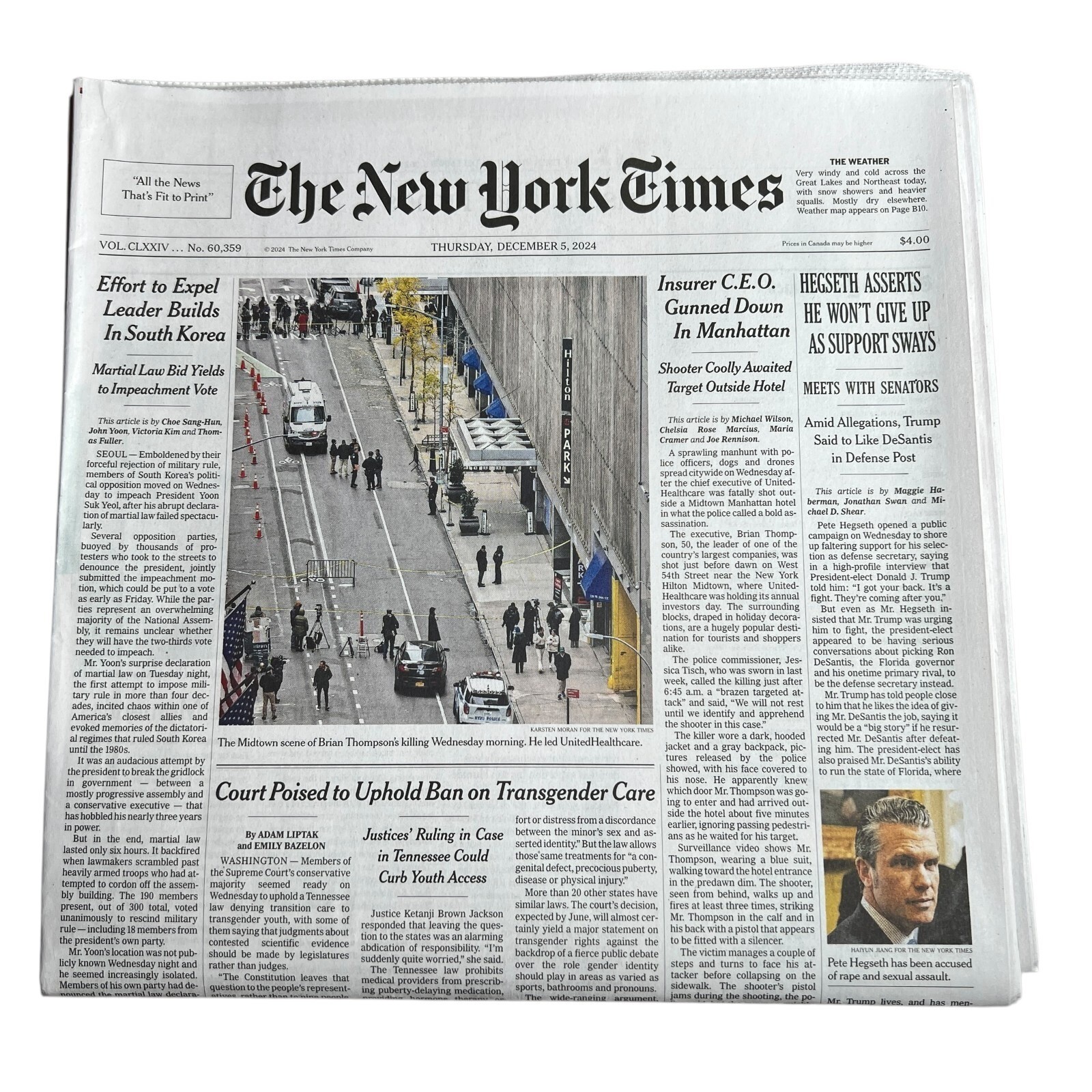 The New York Times Paper December 5 2024 Insurer CEO Gunned Down in Manhattan