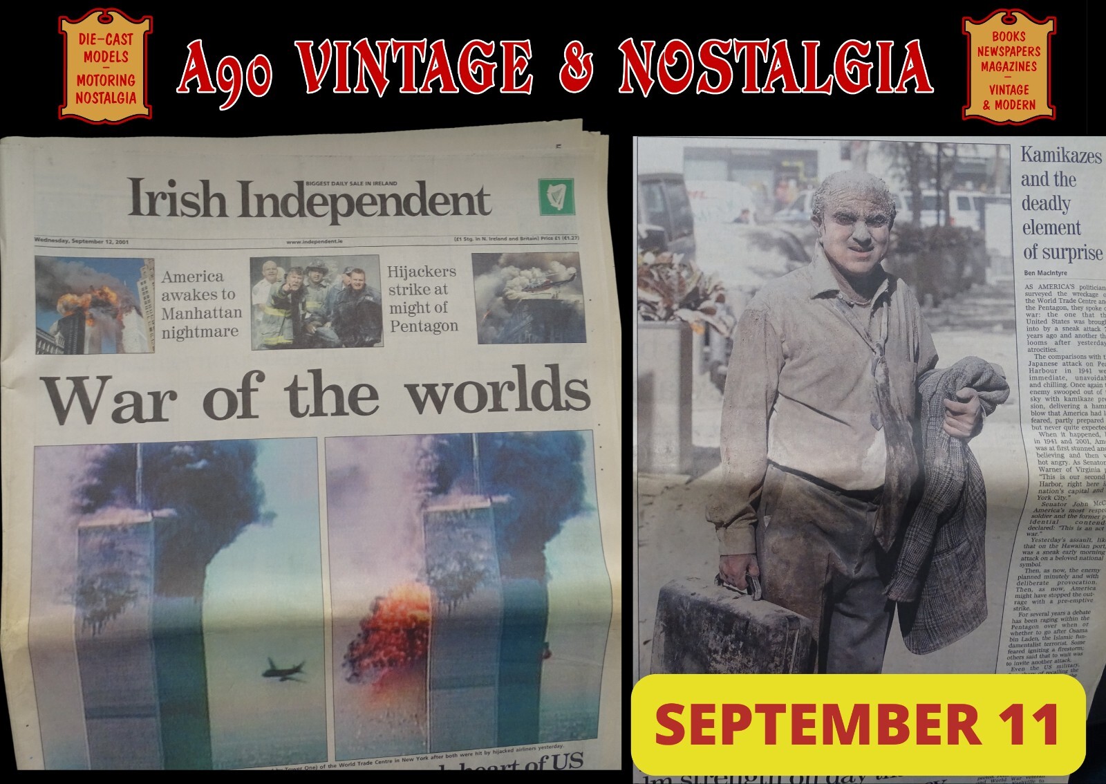 IRISH INDEPENDENT NEWSPAPER 9/11 SEPTEMBER 12 2001 TWIN TOWERS HIJACKED AIRCRAFT