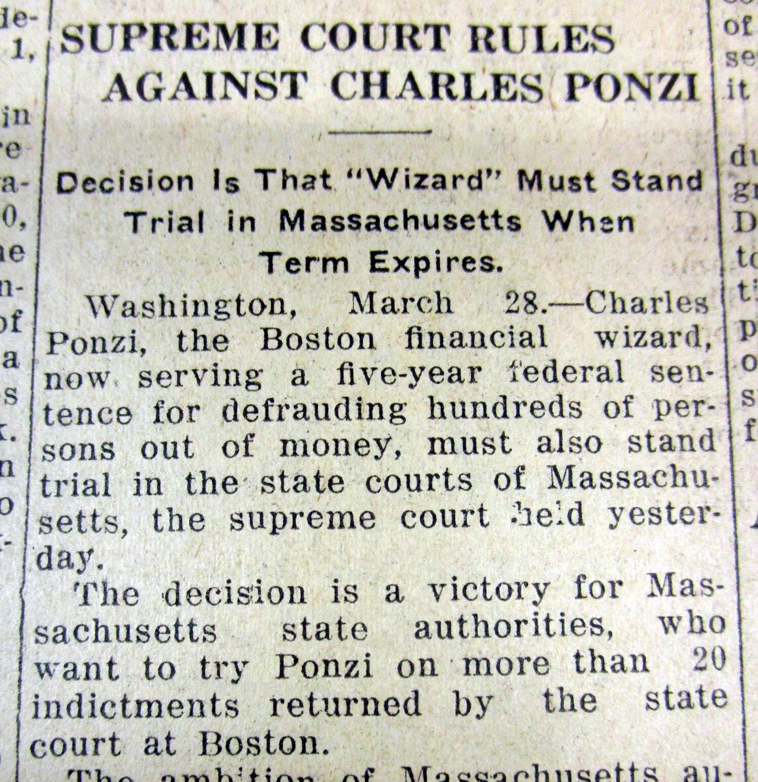 1922 newspaper CHARLES PONZI indicted for financial fraud -Invented PONZI SCHEME