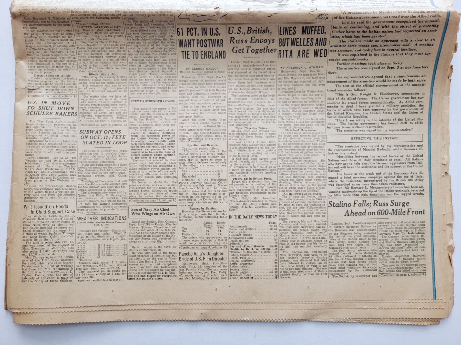 1943 Sep 8: World War II ITALY GIVES UP Chicago Daily News + ORSON Weds HAYWORTH