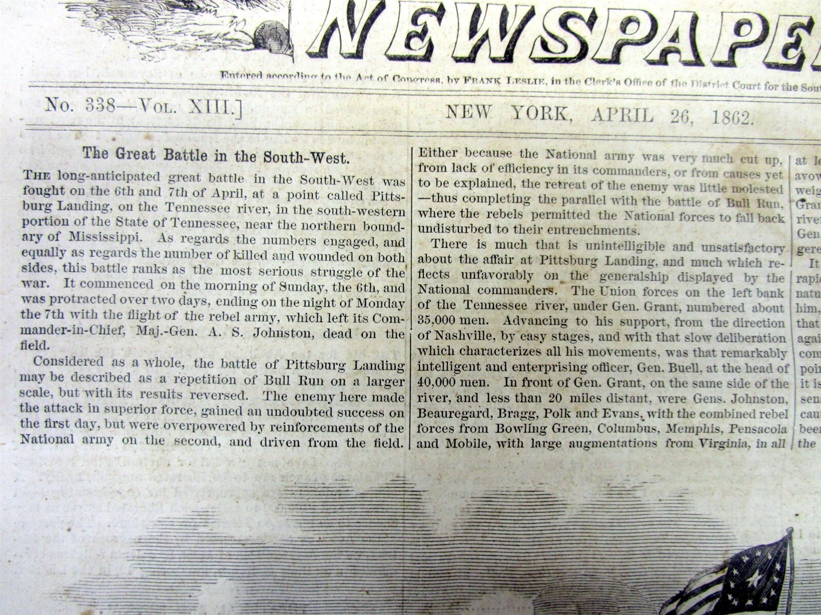 1862 Leslie’s Illustrated newspaper “EXTRA” Civil War BATTLE OF SHILOH Tennessee