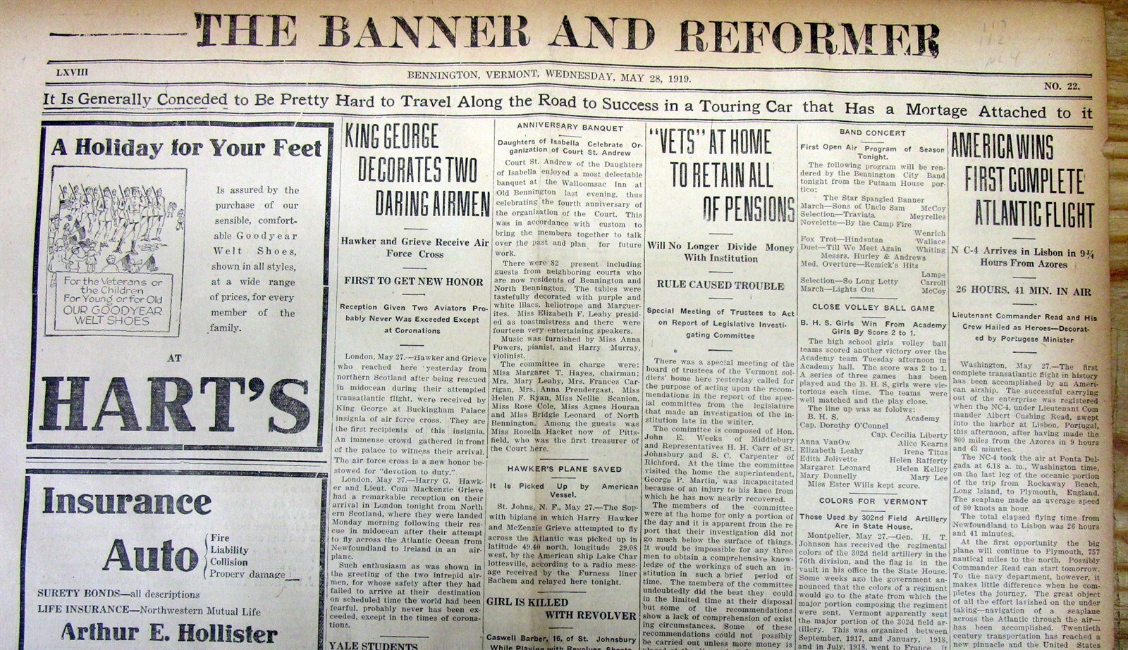 2 1919 newspapers NC-4 AIRPLANE becomes 1st Complete flight over Atlantic Ocean