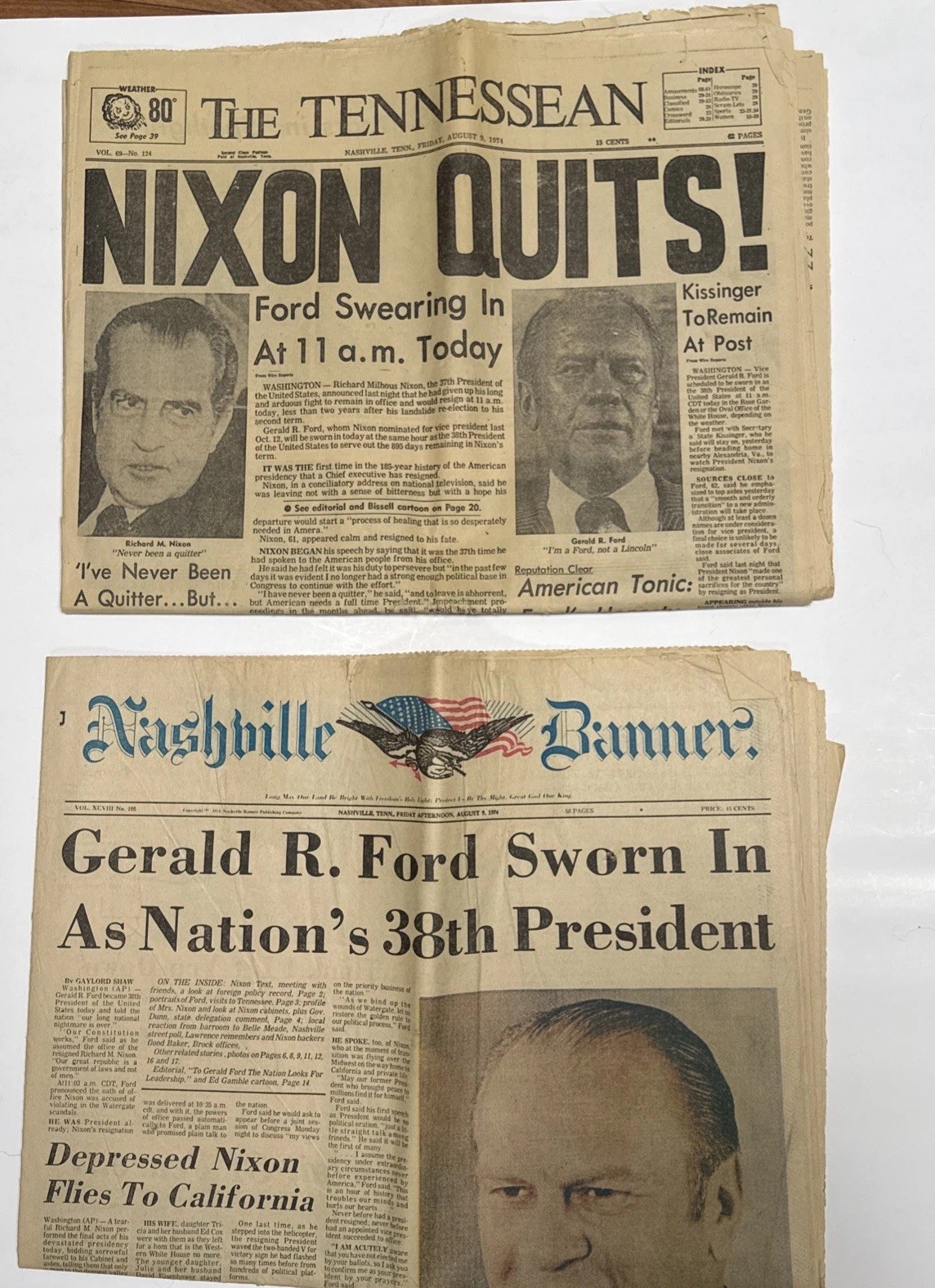 1974 AUGUST 9 – NASHVILLE, TN and Tennessean Newspaper – Nixon quits- Ford pres