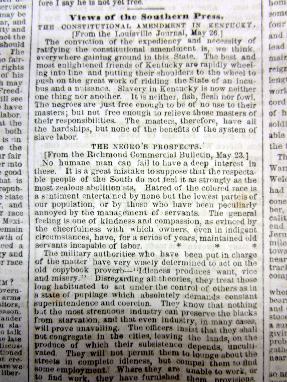 1865 newspaper w FATE of the FREED NEGR0 SLAVES in TENNESSEE after the Civil War