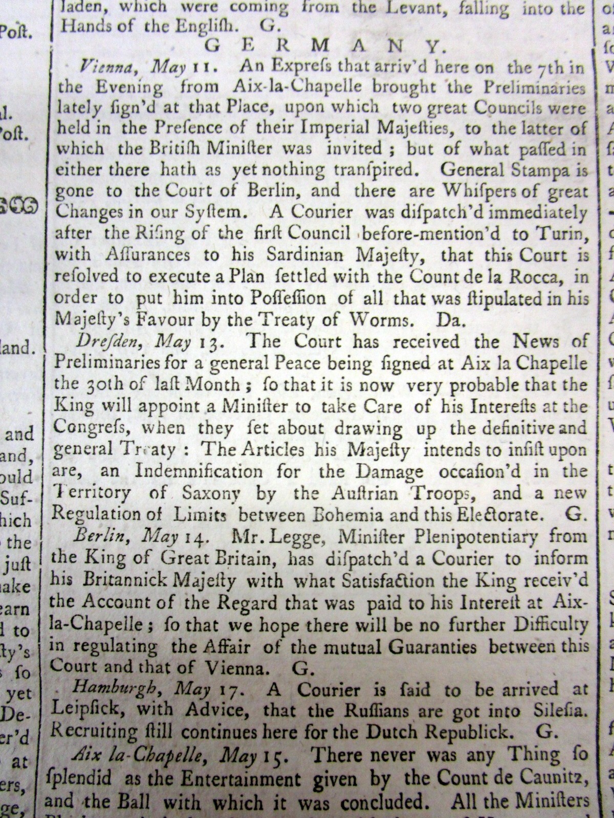 1748 newspaper COLONIAL AMERICAN King Georges WAR ENDS-TREATY of AIX-LA-CHAPELLE