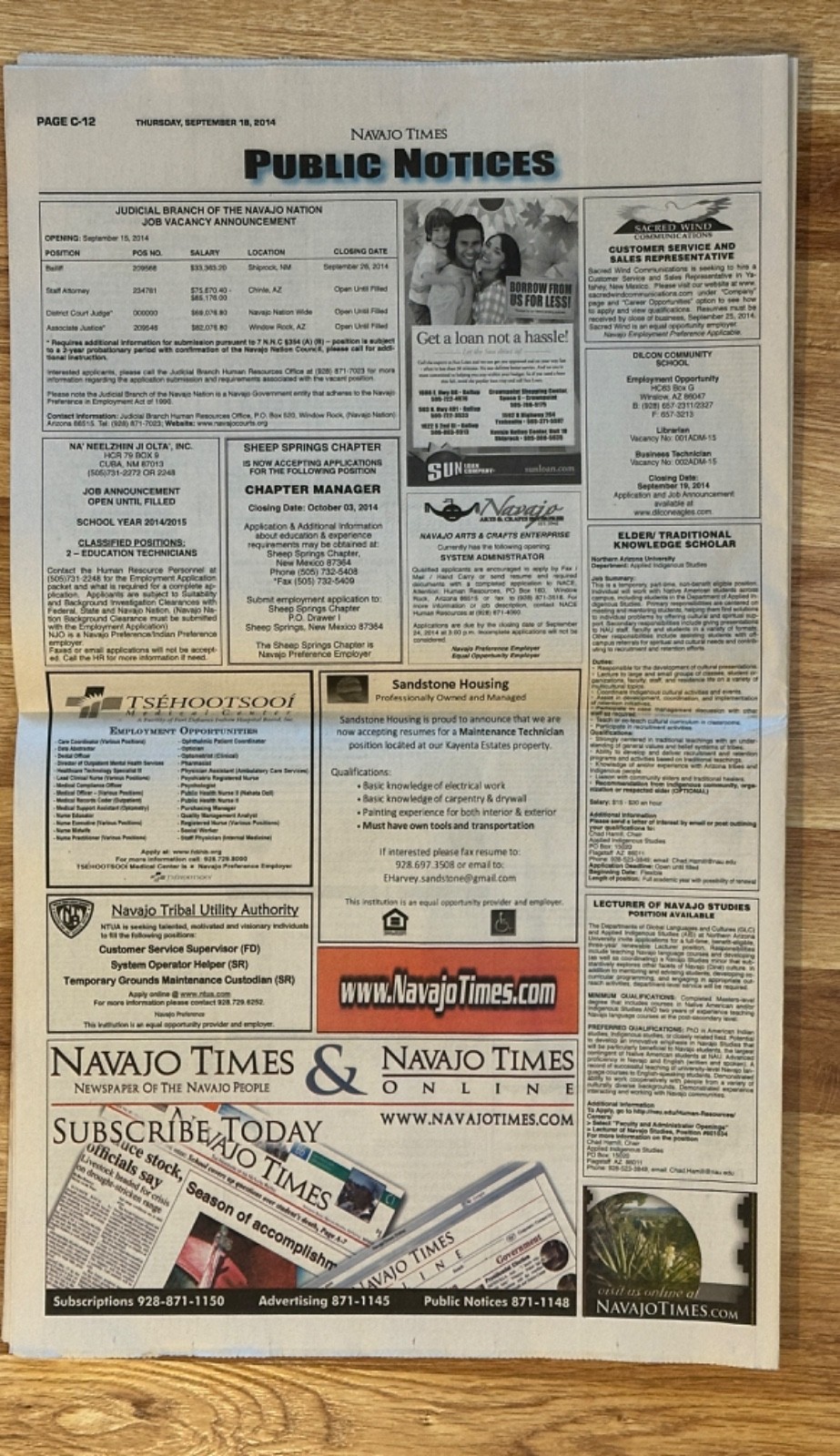 NAVAJO TIMES NATIVE AMERICAN RESERVATION NEWSPAPER SEPTEMBER 18TH 2014