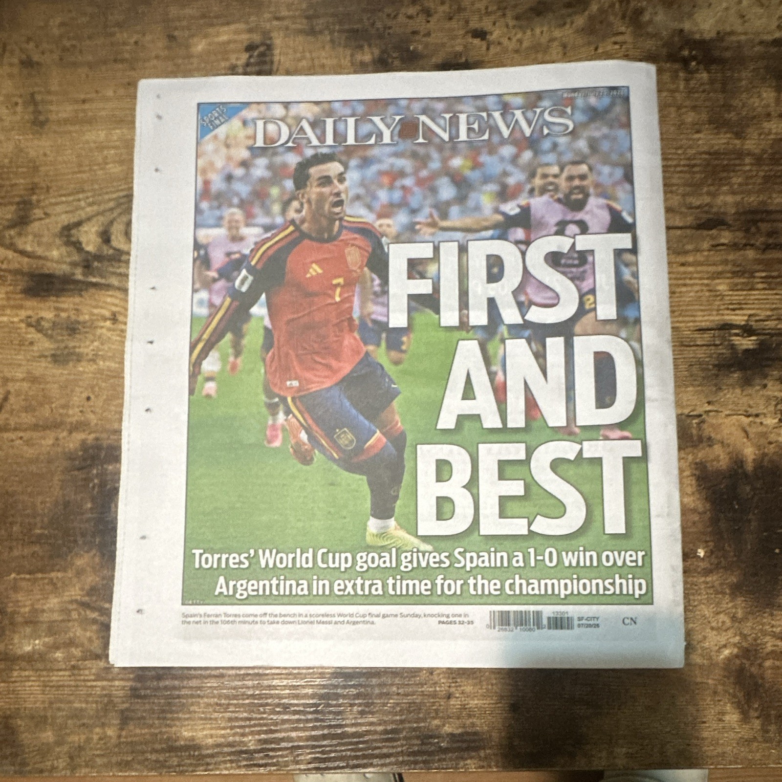NYC Daily News Newspaper Spain Wins World Cup. Monday, July 20, 2026.