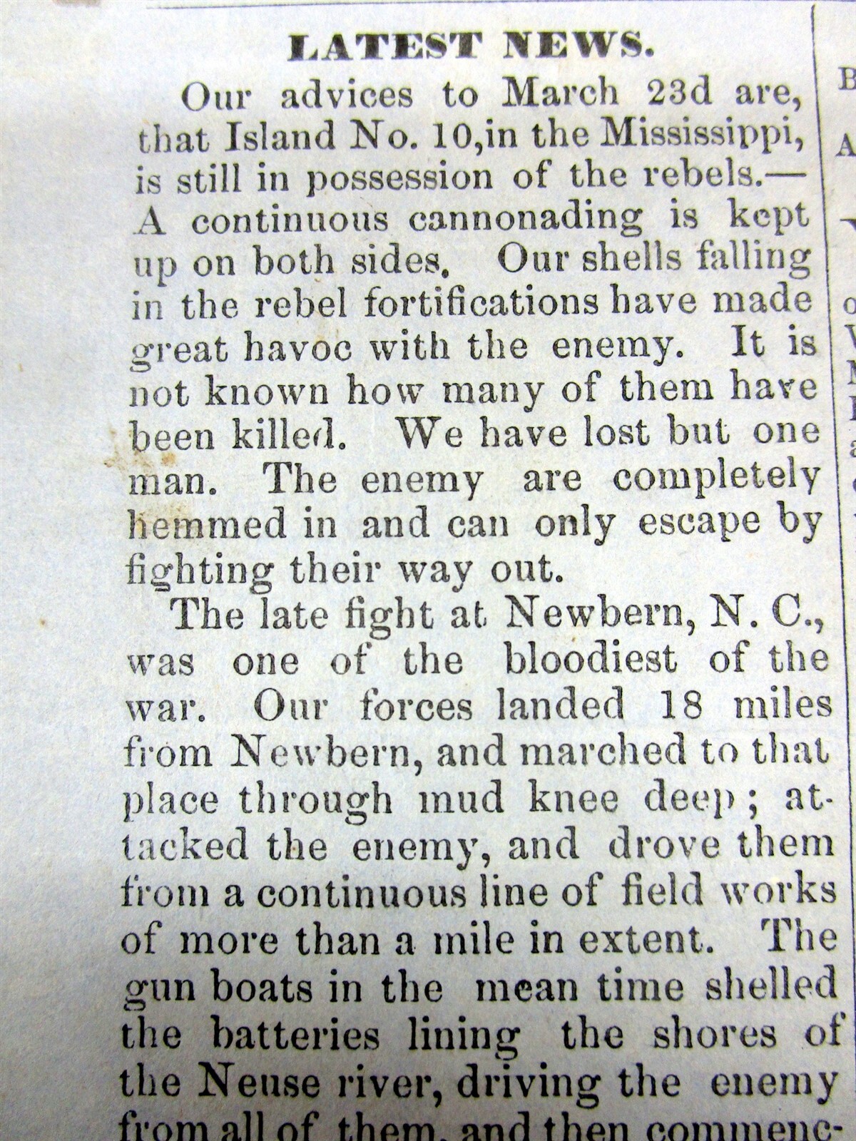 1862 FT Dodge IOWA Civil War BROADSIDE “EXTRA” newspaper- BATTLE of NEW BERNE NC