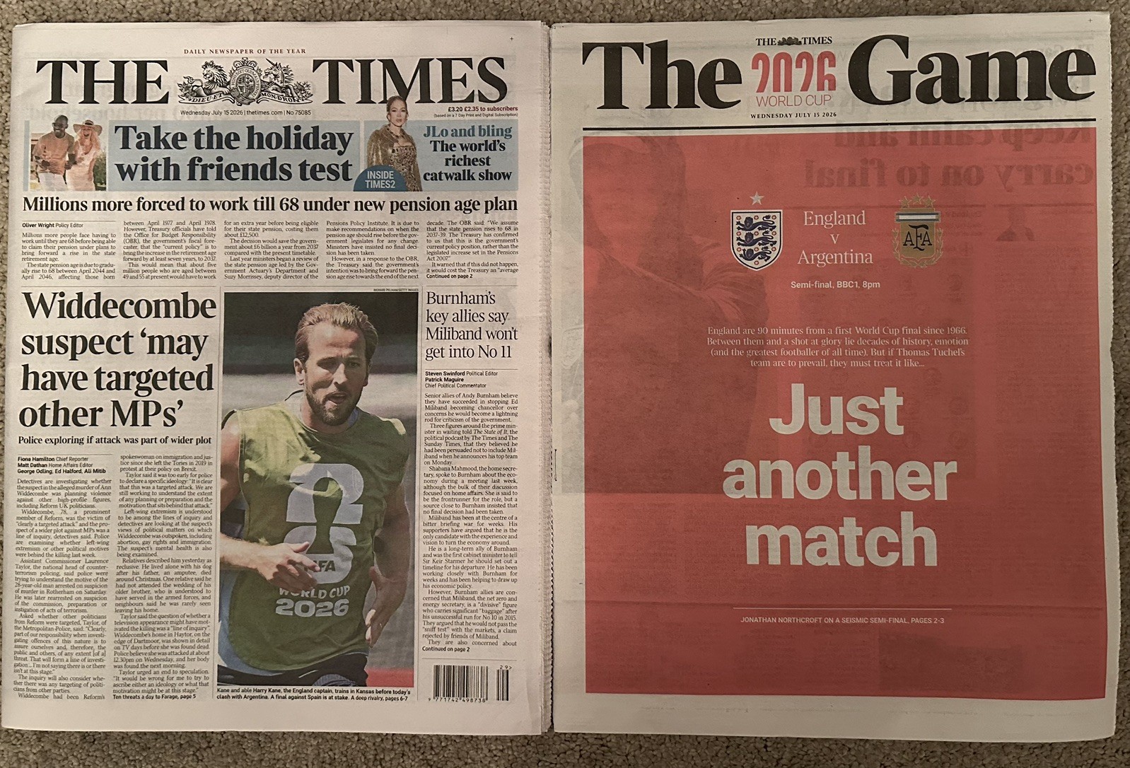 The Times 15th July 2026 15/7/26 England v Argentina & Ann Widdecombe Suspect
