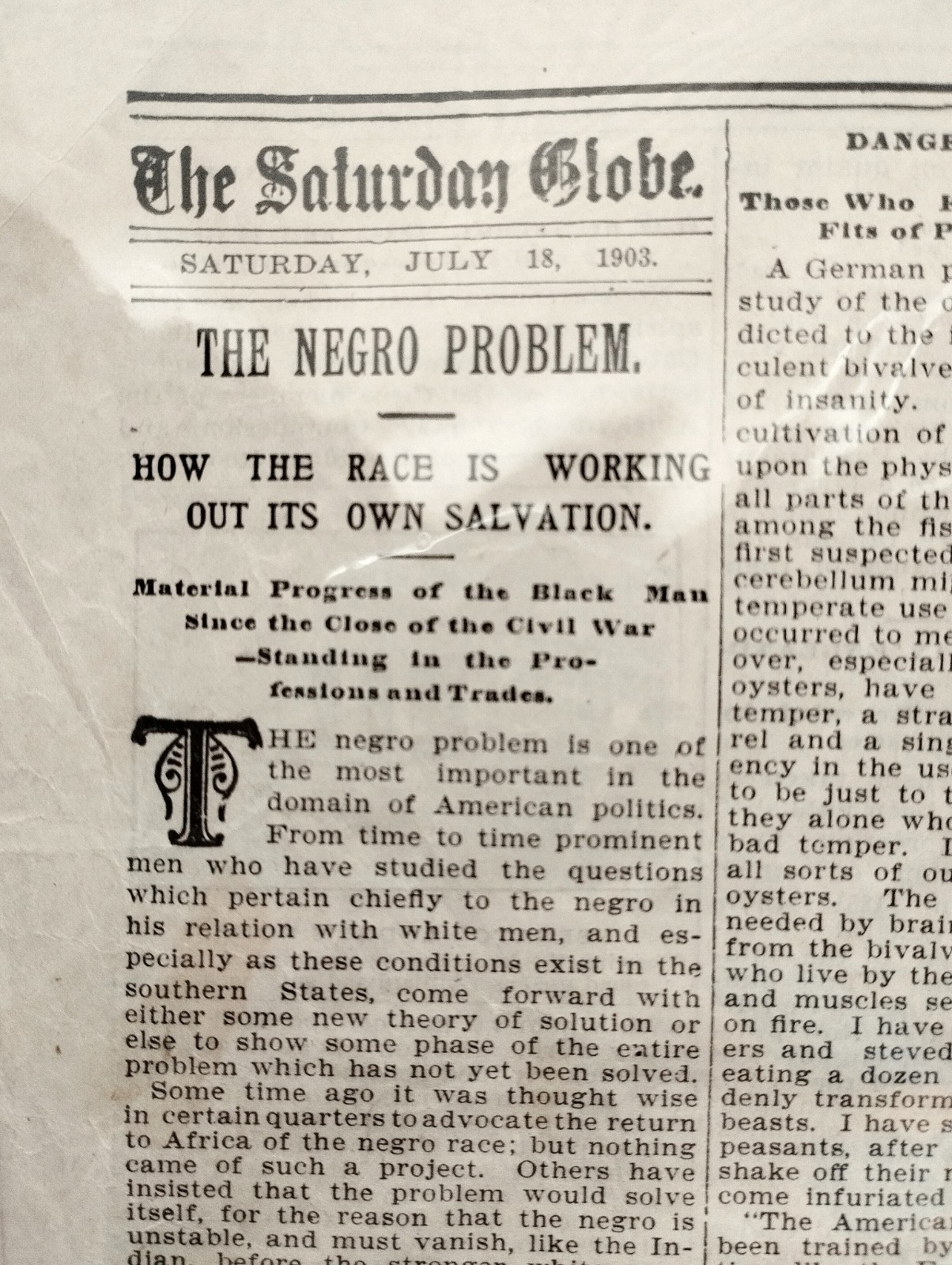 1903 Slavery – Utica Saturday Globe Vtg Newspaper in color