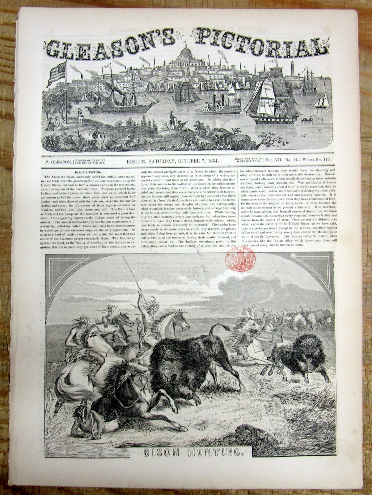 1854 illustrated newspaper wth engraving NATIVE AMERICAN INDIANS HUNTING BUFFALO
