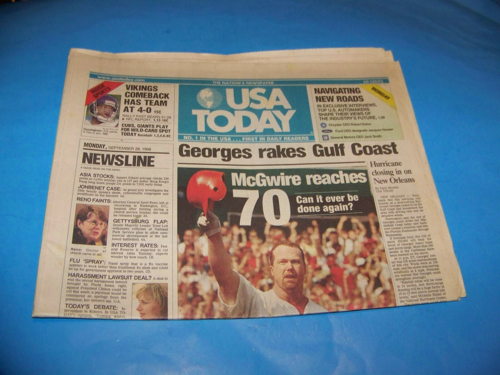 USA Today September 28, 1998, Mark McGwire 70 Home Runs (Only Section A)