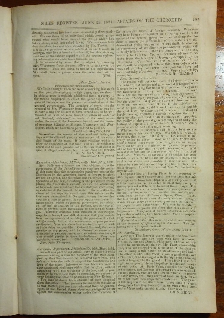 1831 Niles Weekly Newspaper – Cherokee & Creek Indian Affairs – US Cotton Trade