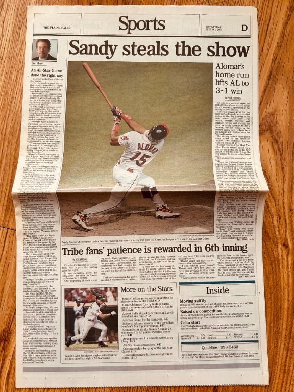 Sandy Alomar Indians 1997 MLB All-Star Game MVP Cleveland Plain Dealer newspaper