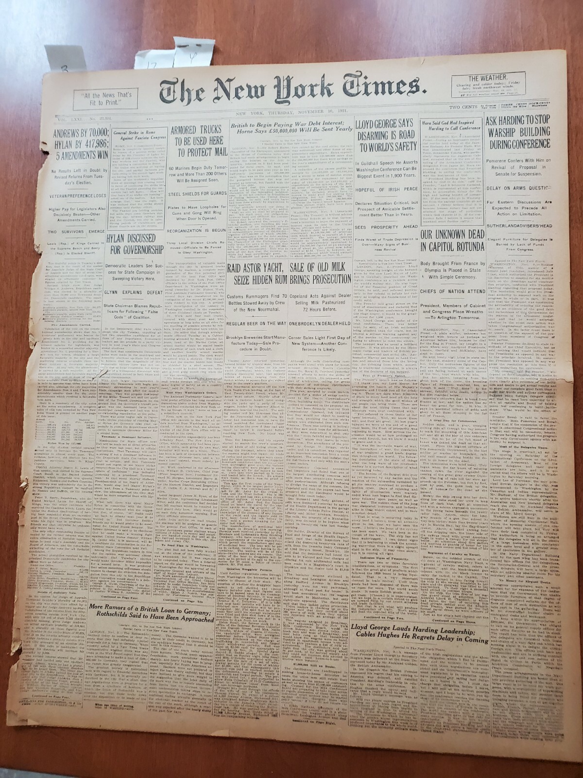 1921 NOVEMBER 10 NEW YORK TIMES – OUR UNKNOWN DEAD IN CAPITOL ROTUNDA – NT 8019