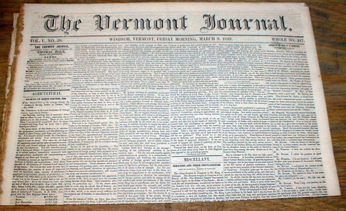 1849 WINDSOR Vermont newspaper INAUGURATION of ZACHARY TAYLOR as US PRESIDENT