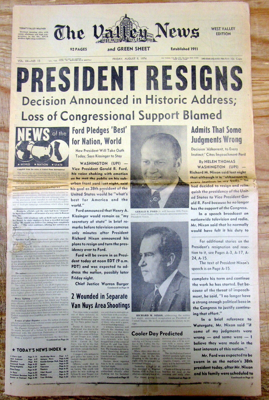 1974 Van Nuys CALIFORNIA newspaper RICHARD NIXON RESIGNS AS PRESIDENT Watergate