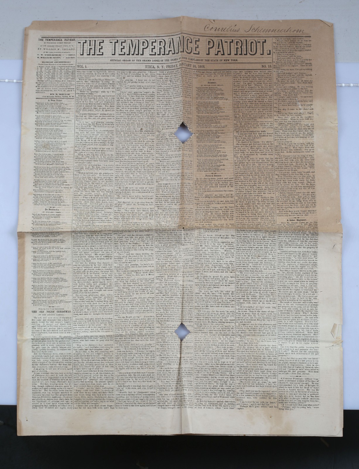 Antique 1868 Newspaper The Temperance Patriot Utica New York Prohibition