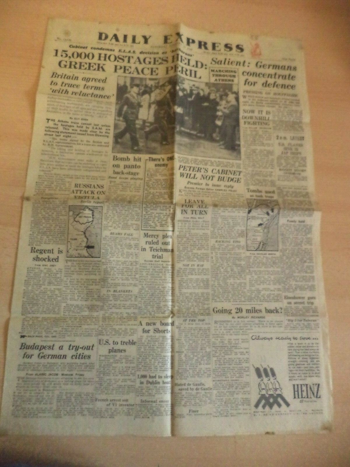 OLD VINTAGE ORIG NEWSPAPER 1940S daily express WW2 13 JAN 1945 athens truce sali