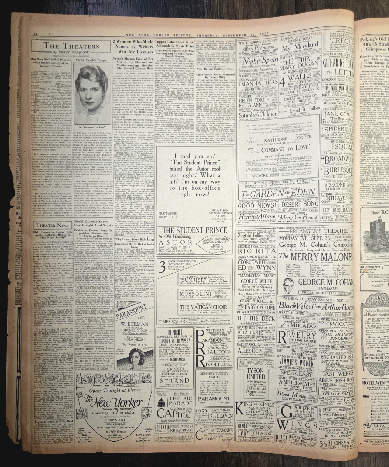 Sept 22, 1927 N.Y Herald Tribune Newspaper: TUNNEY vs DEMPSEY, BABE RUTH 55th