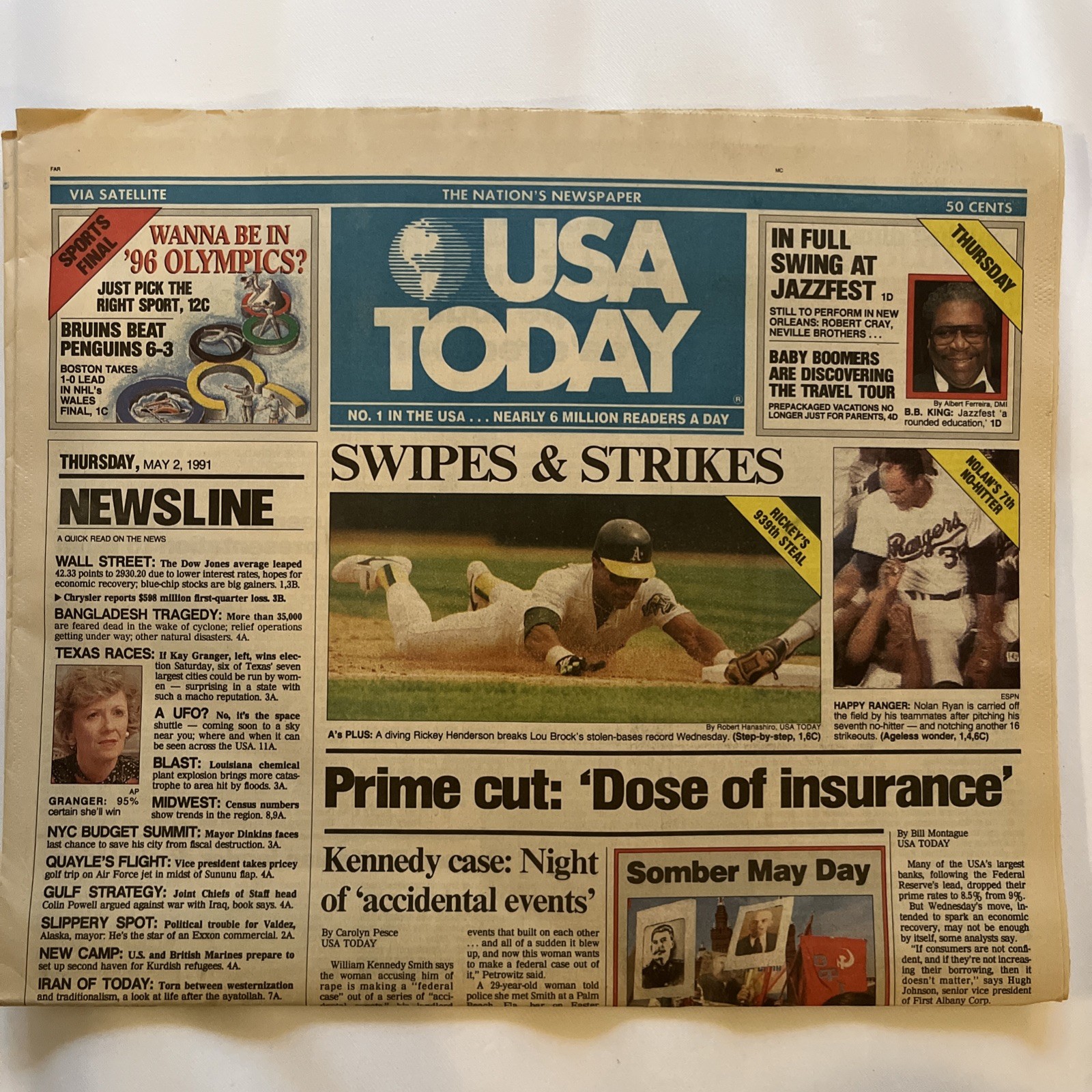 1991 USA Today Newspaper NOLAN RYAN 7th No-Hitter / RICKEY HENDERSON SB Record