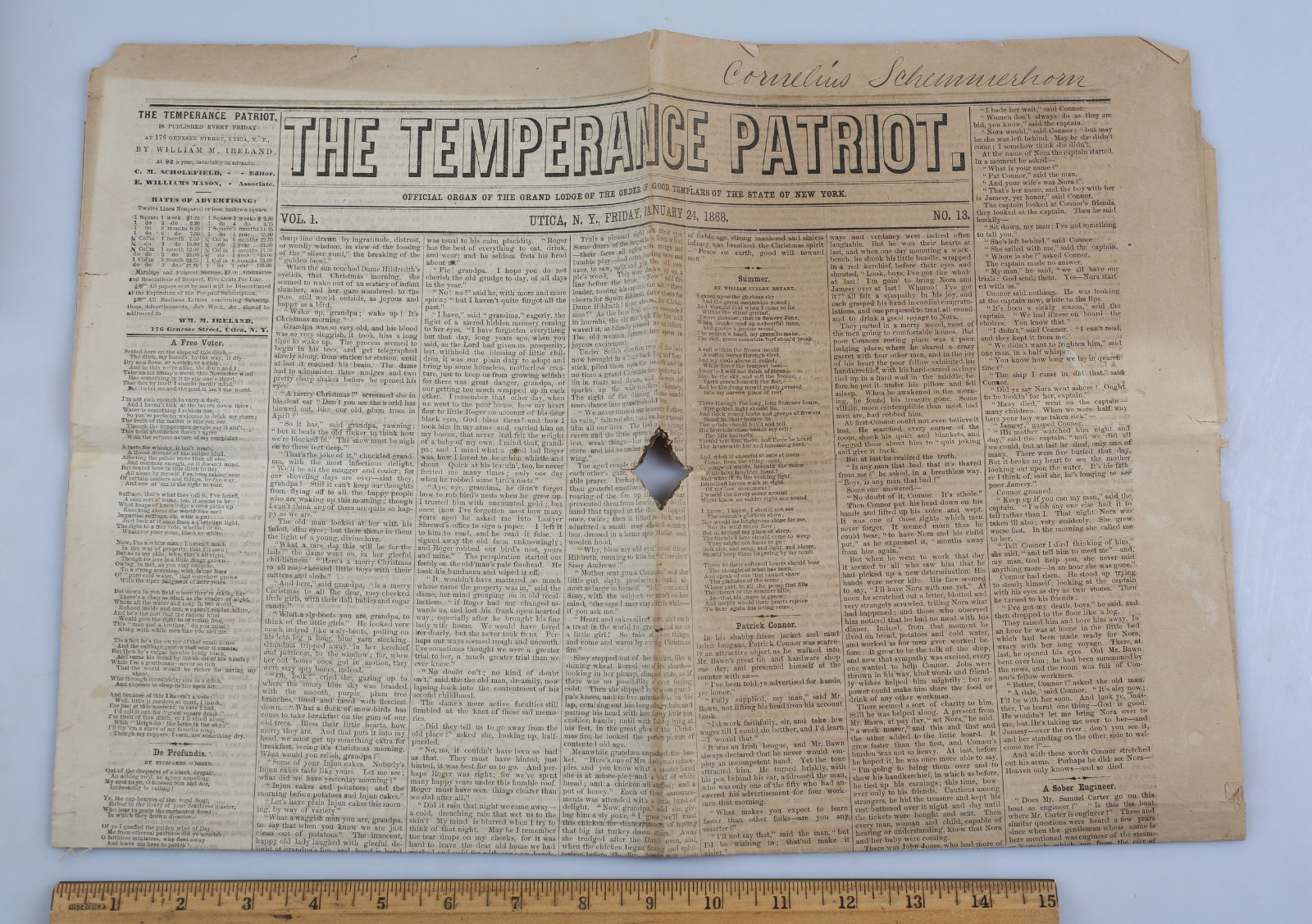Antique 1868 Newspaper The Temperance Patriot Utica New York Prohibition