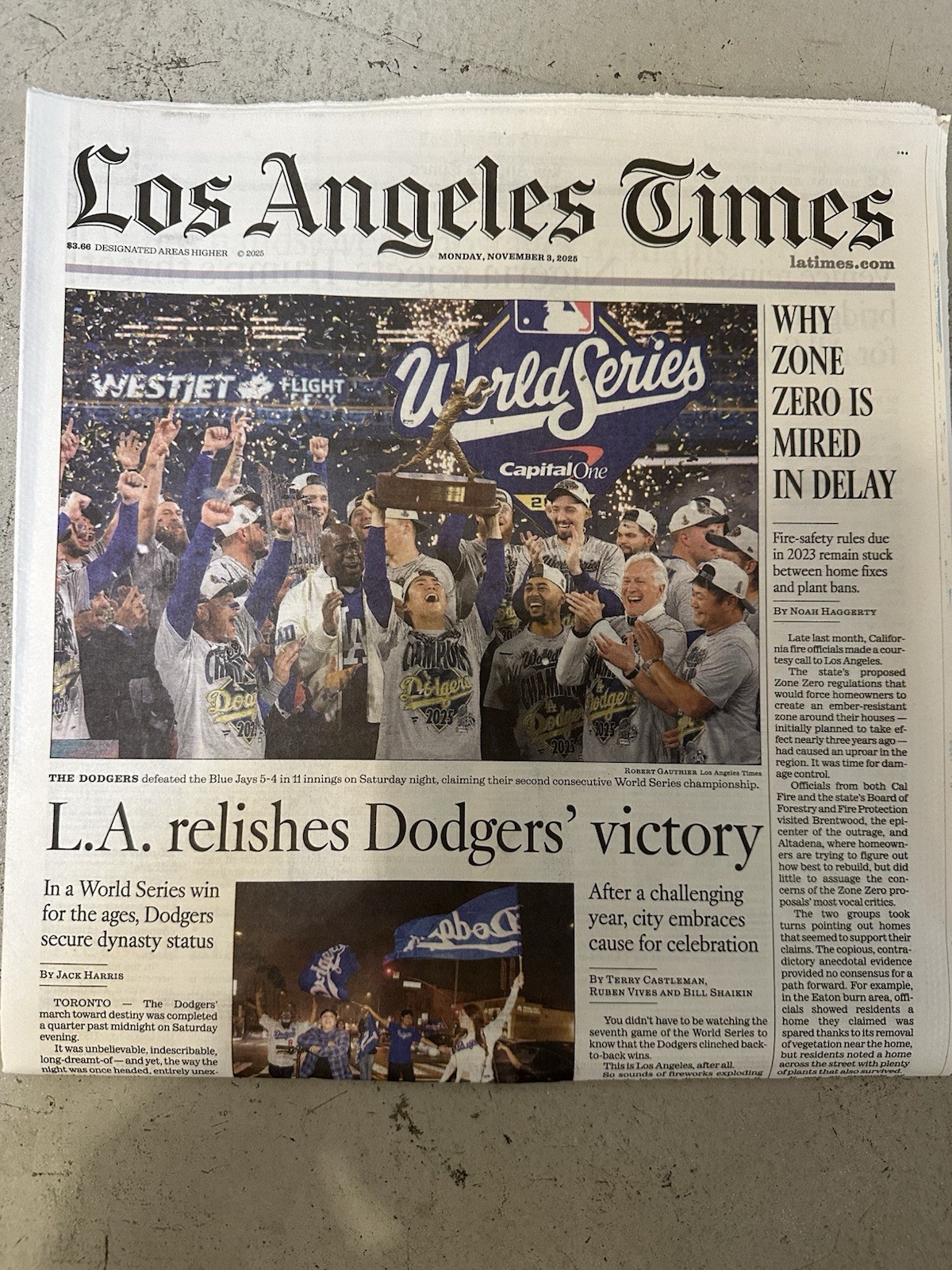 LOS ANGELES TIMES Nov 3, 2025 MLB WORLD SERIES CHAMPIONS LA DODGERS VICTORY -NEW