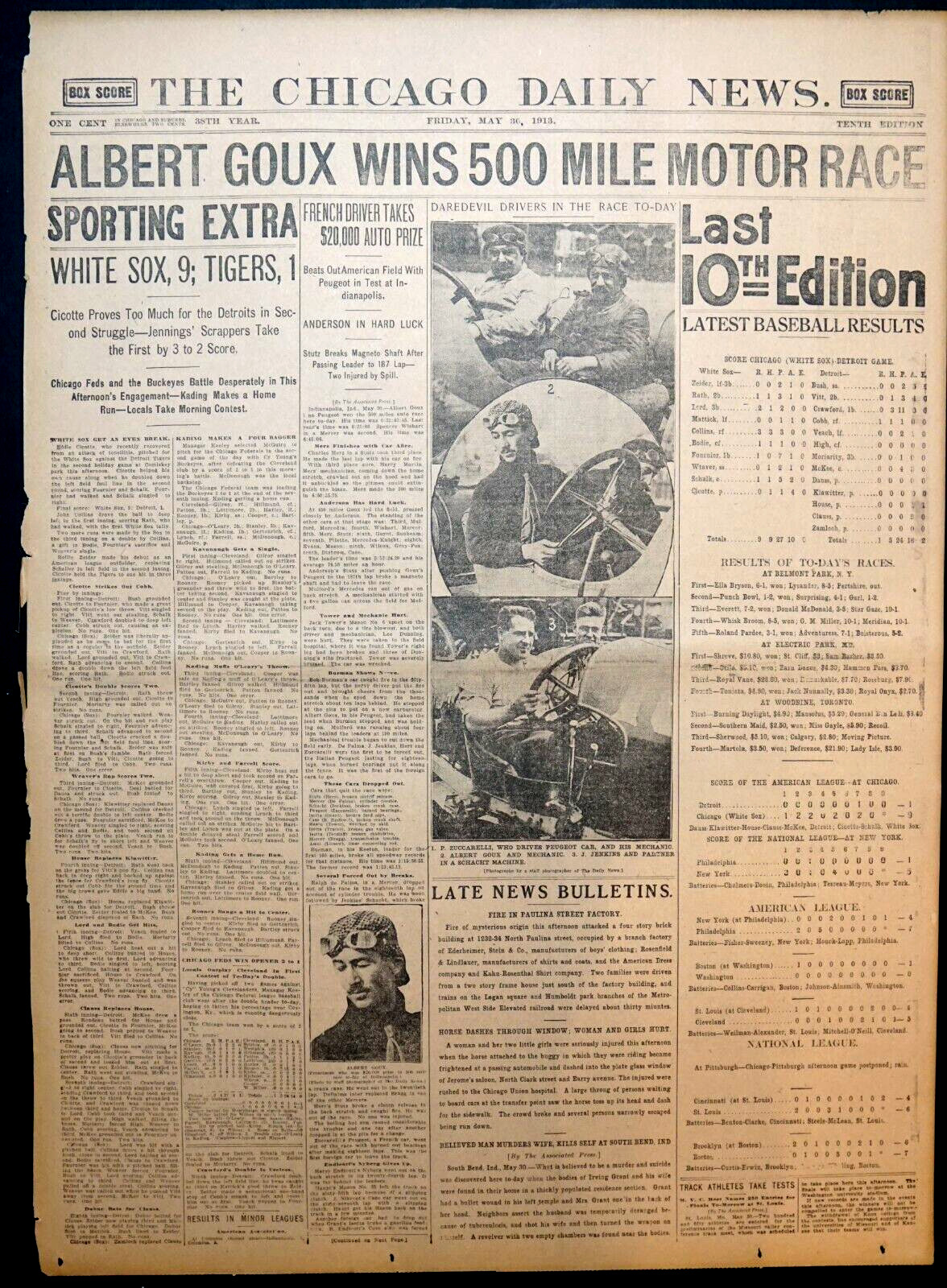 Rare 1913 Chicago Sports Pages – Albert Goux Wins 3rd Indianapolis 500 Race