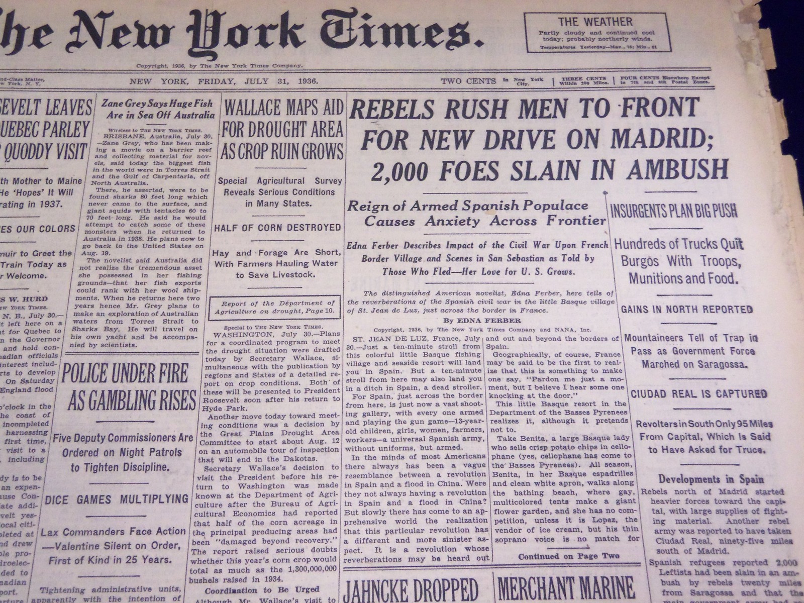 1936 JULY 31 NEW YORK TIMES – REBELS RUSH MEN FOR DRIVE ON MADRID – NT 1844