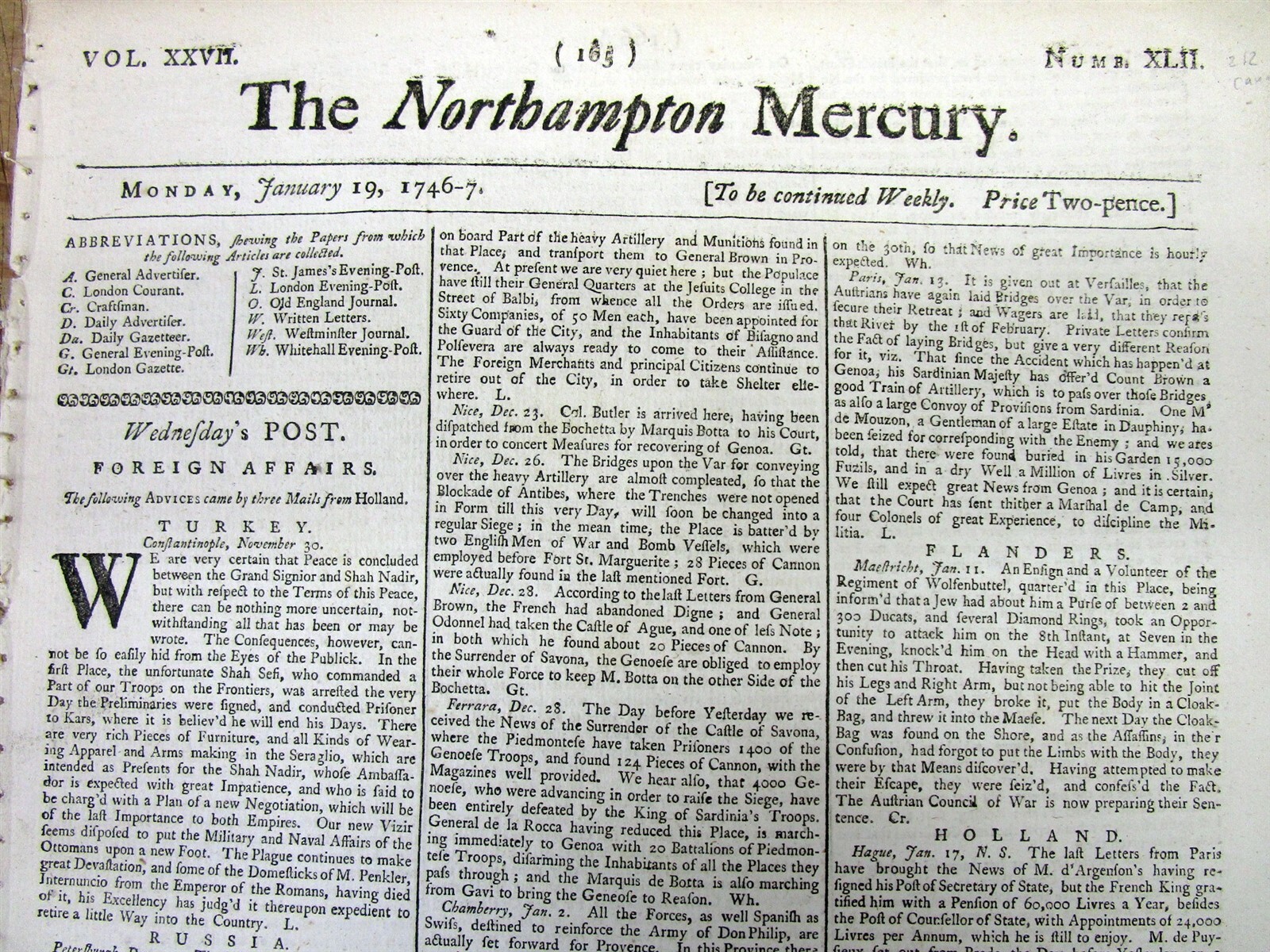 1747 newspaper 3rd FRENCH & INDIAN WAR at St Johns NEWFOUNDLAND Canada LOUISBURG
