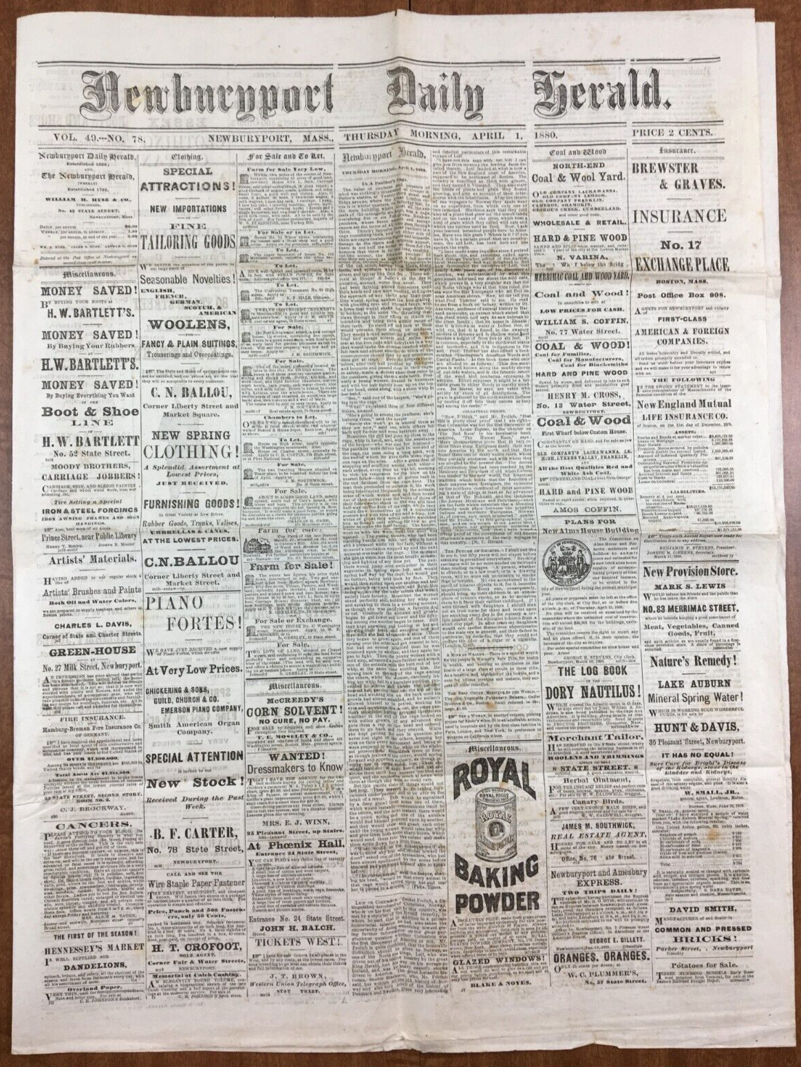 NEWSPAPER Newburyport Daily Herald April 1 1880 Piano Fortes B F Carter