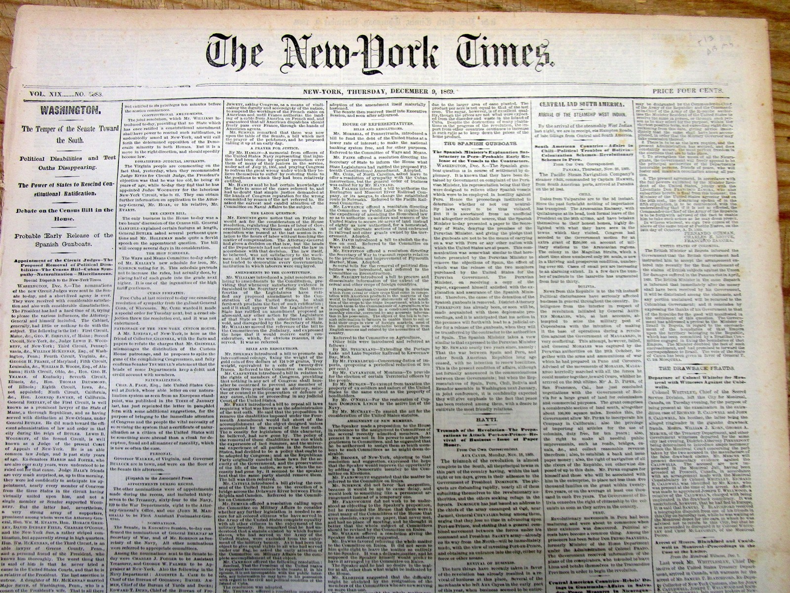 1869 NY Times newspaper w ORGANIZATION / FORMATION ofTHE 1st PRO BASEBALL LEAGUE