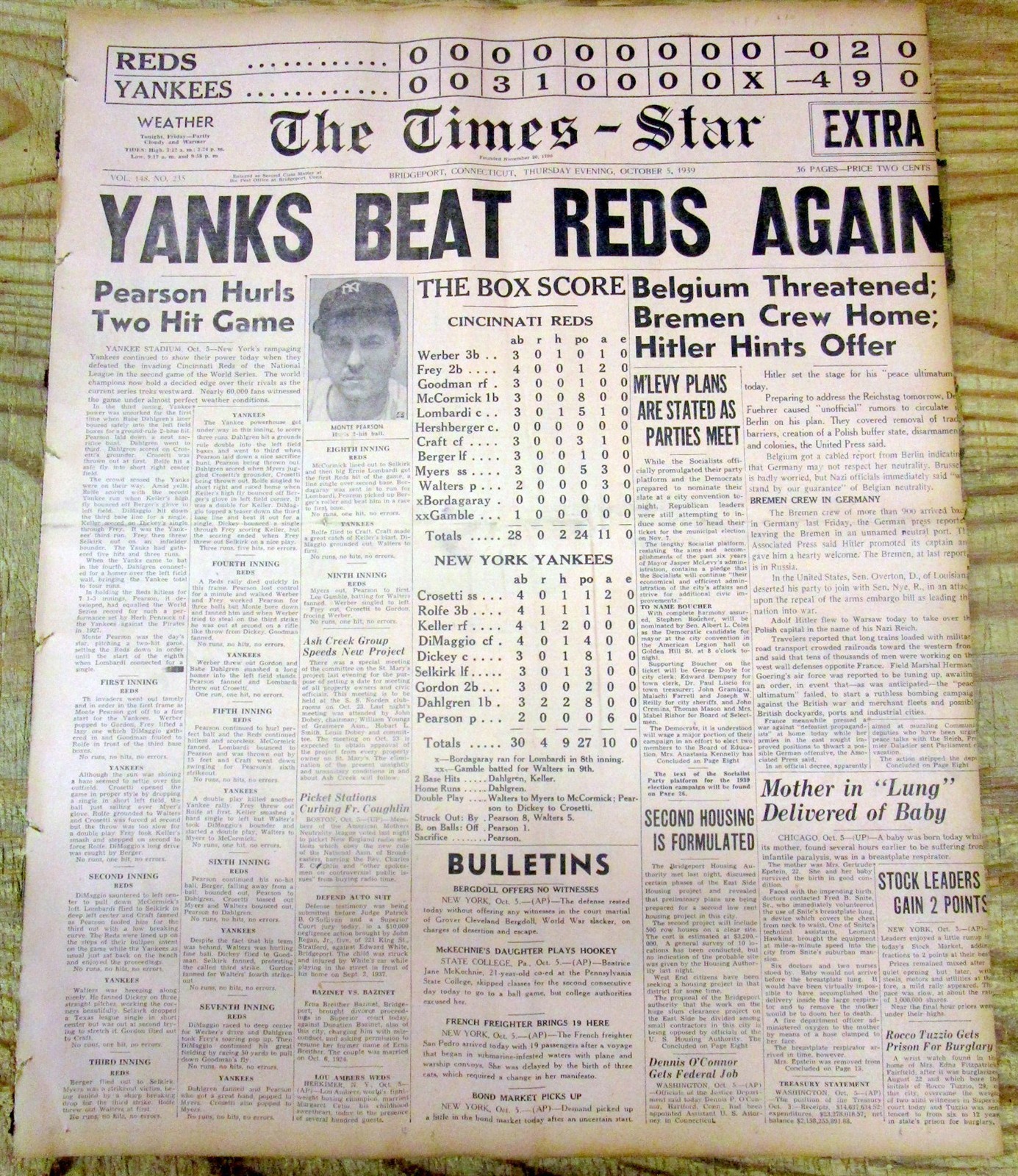 4 1939 newspapers NEW YORK YANKEES WIN BASEBALL WORLD SERIES vs CINCINNATI REDS
