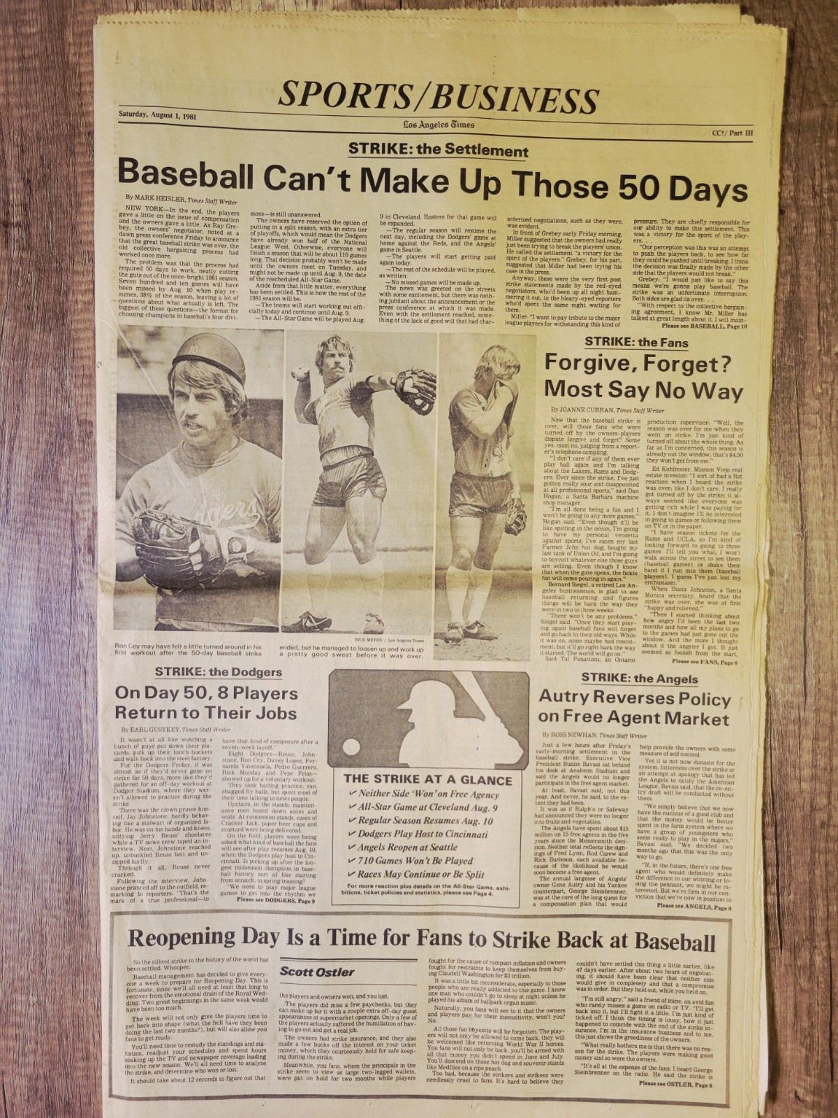 1981 Aug 1: LA Times Sports MLB Baseball Players Union Strike Ends At 50-Days!