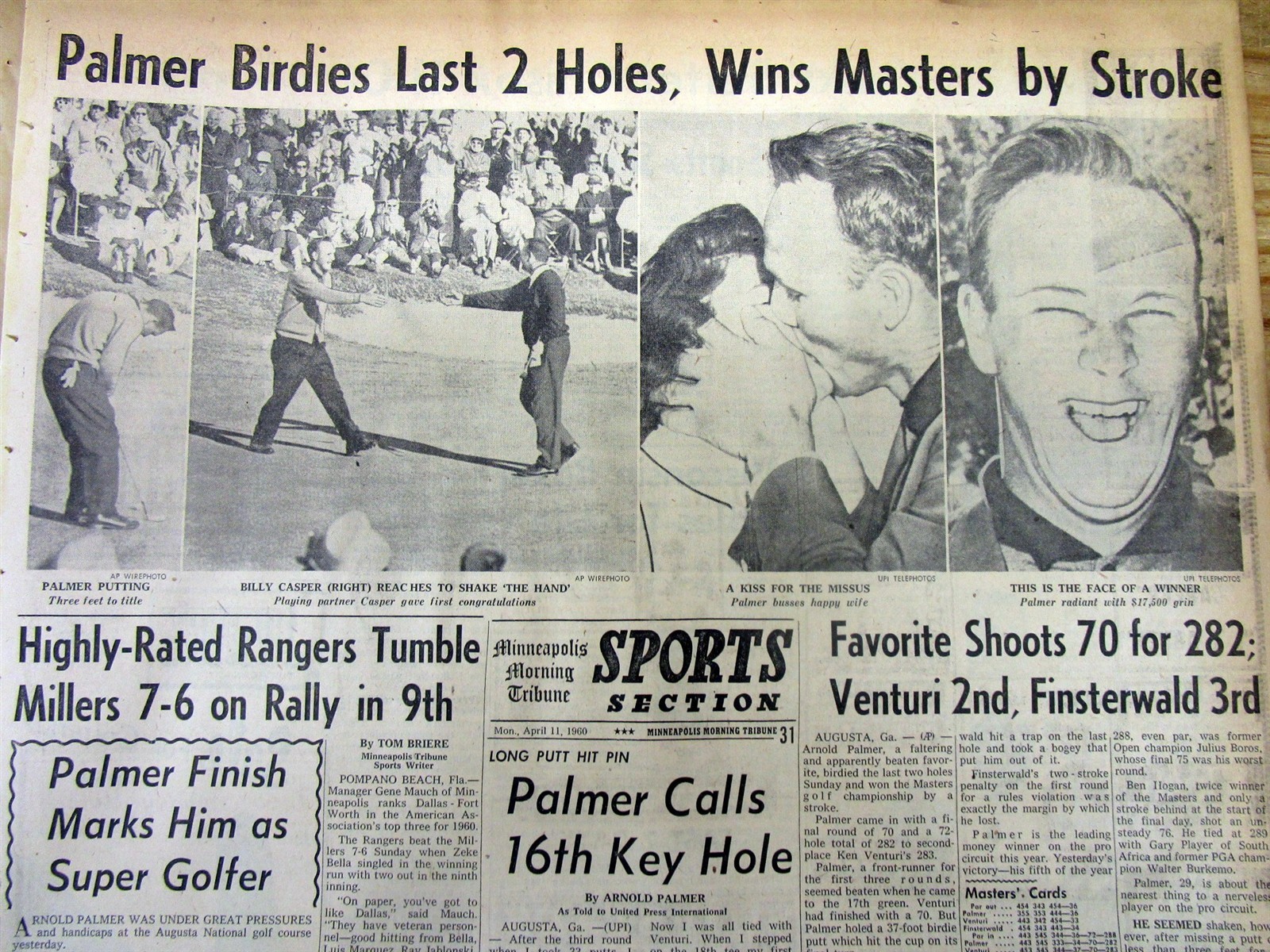 4 1960 display newspapers ARNOLD PALMER WINS his 2nd MASTERS GOLF TOURNAMENT