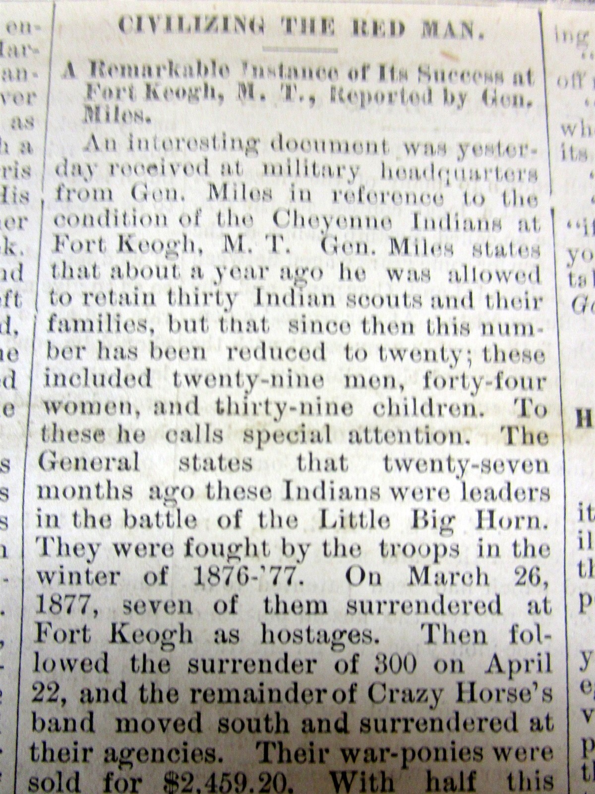 1878 newspaper w Essay on “CIVILIZING” the NATIVE AMERICAN INDIANS + Tom Edison